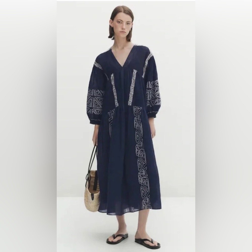 Massimo Dutti Navy MIDI Dress with Embroidery detail